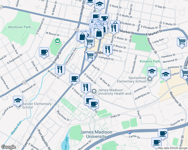 map of restaurants, bars, coffee shops, grocery stores, and more near 53 Paul Street in Harrisonburg