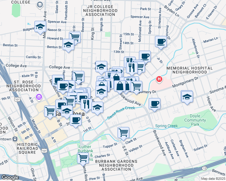 map of restaurants, bars, coffee shops, grocery stores, and more near 888 4th Street in Santa Rosa