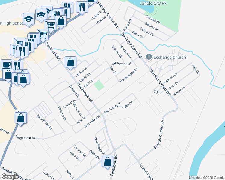 map of restaurants, bars, coffee shops, grocery stores, and more near 667 Washington Drive in Arnold