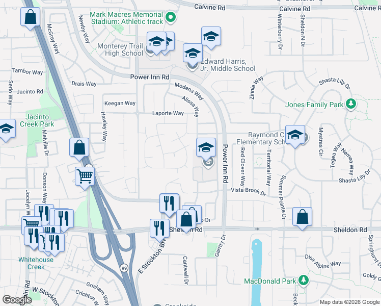 map of restaurants, bars, coffee shops, grocery stores, and more near 8426 Dandelion Drive in Elk Grove