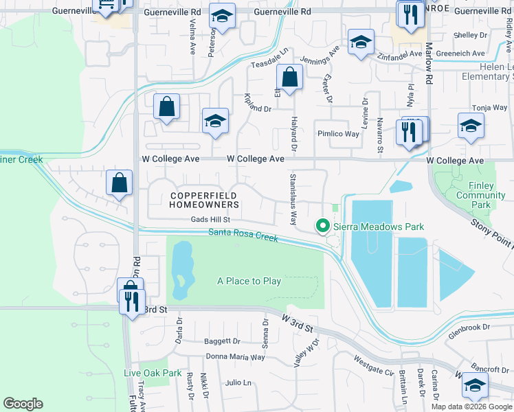 map of restaurants, bars, coffee shops, grocery stores, and more near 2301 Copperfield Drive in Santa Rosa