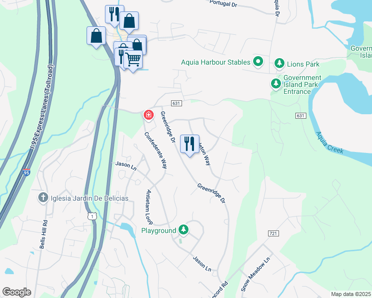 map of restaurants, bars, coffee shops, grocery stores, and more near 57 Greenridge Drive in Stafford