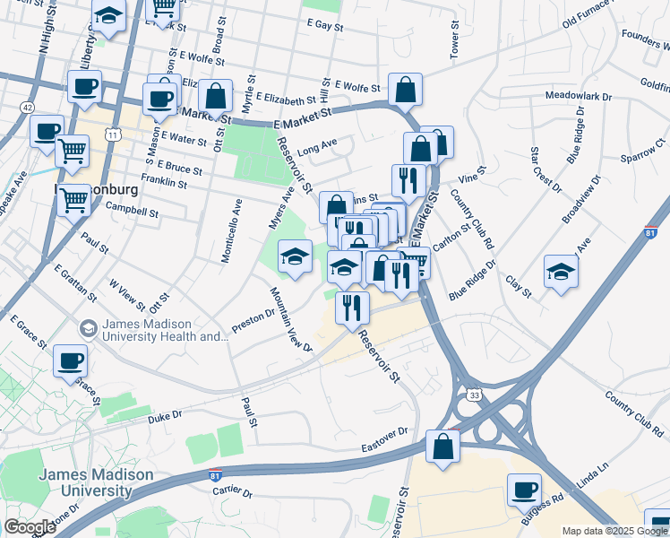 map of restaurants, bars, coffee shops, grocery stores, and more near 98 South Carlton Street in Harrisonburg