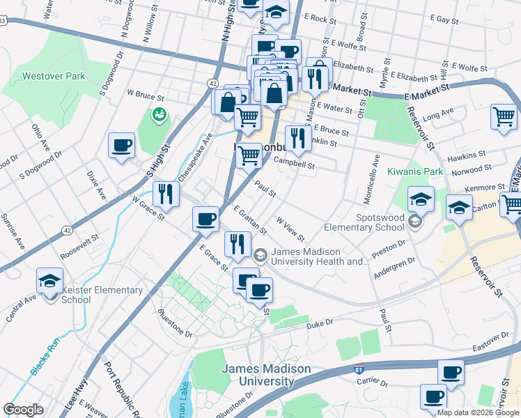 map of restaurants, bars, coffee shops, grocery stores, and more near 510 South Federal Street in Harrisonburg