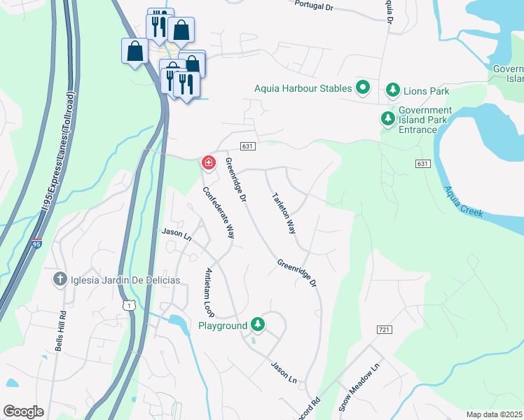 map of restaurants, bars, coffee shops, grocery stores, and more near 57 Greenridge Drive in Stafford