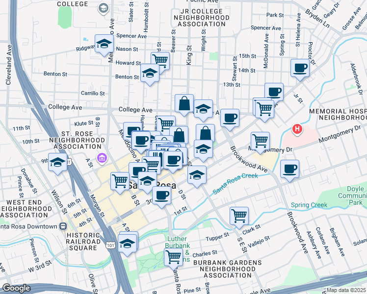 map of restaurants, bars, coffee shops, grocery stores, and more near 446 Beaver Street in Santa Rosa