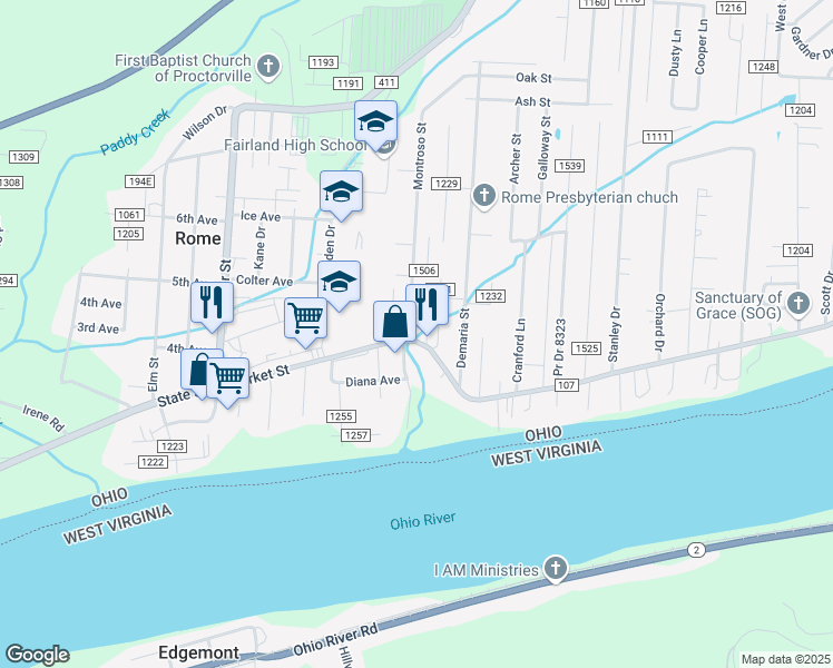 map of restaurants, bars, coffee shops, grocery stores, and more near 7714 Market Street in Proctorville