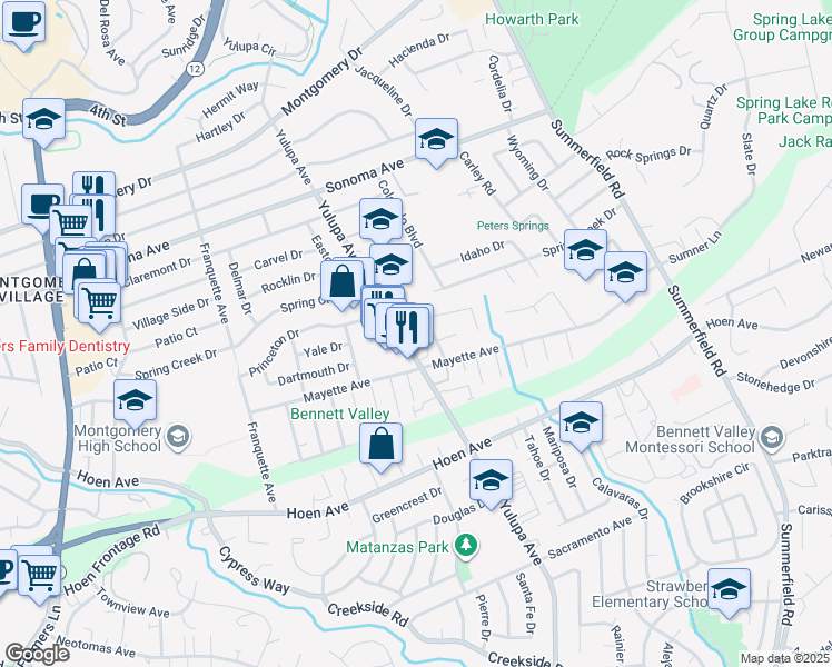 map of restaurants, bars, coffee shops, grocery stores, and more near 1120 Yulupa Avenue in Santa Rosa