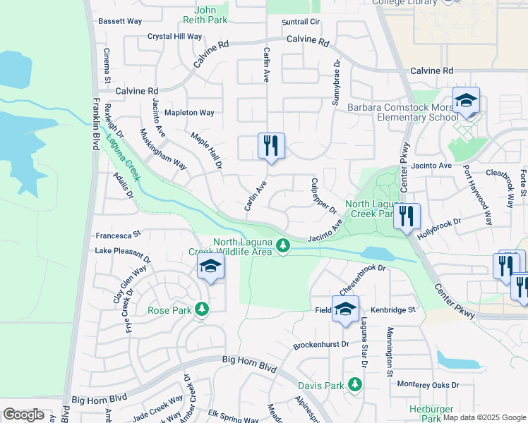 map of restaurants, bars, coffee shops, grocery stores, and more near 5907 Winterham Way in Sacramento
