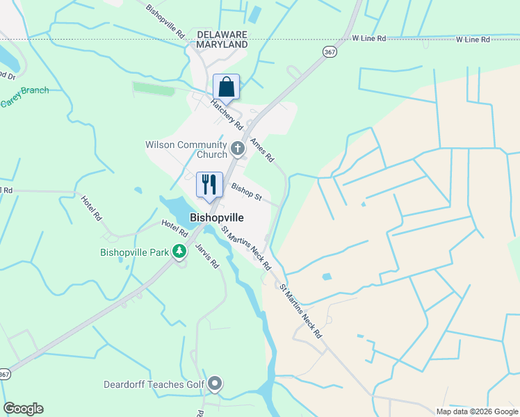 map of restaurants, bars, coffee shops, grocery stores, and more near 10733 Bishop Street in Bishopville