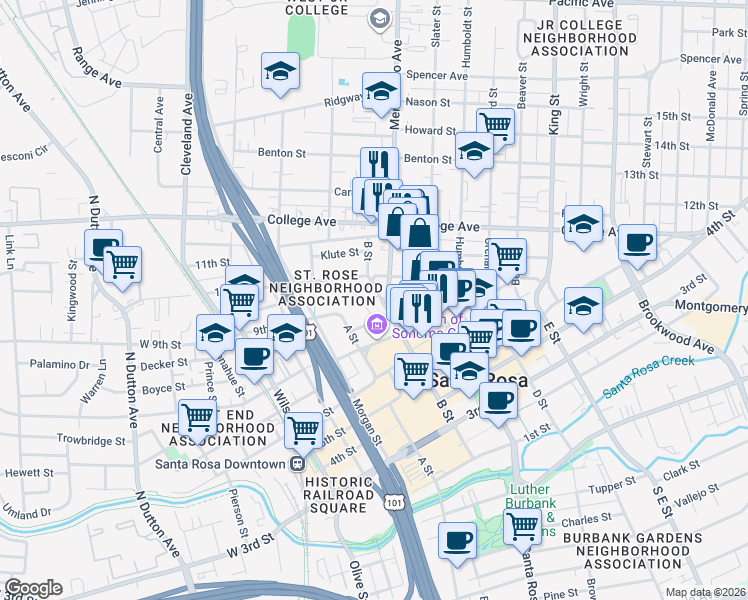 map of restaurants, bars, coffee shops, grocery stores, and more near 558 B Street in Santa Rosa