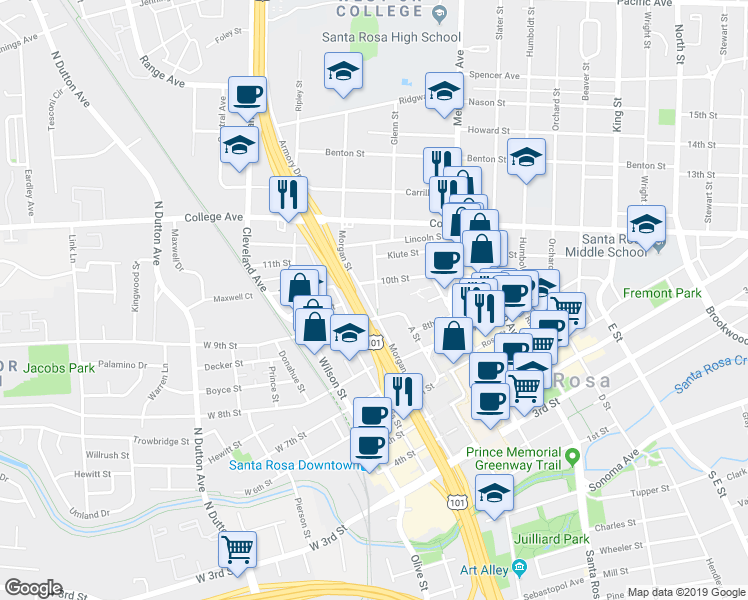 map of restaurants, bars, coffee shops, grocery stores, and more near in Santa Rosa
