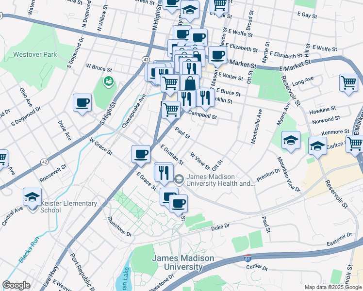 map of restaurants, bars, coffee shops, grocery stores, and more near 53 Paul Street in Harrisonburg