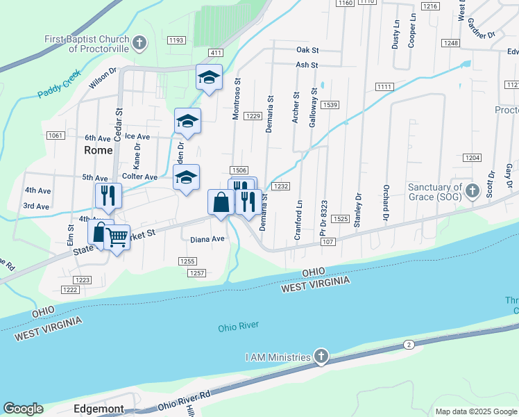 map of restaurants, bars, coffee shops, grocery stores, and more near 141 Township Road 1105 in Proctorville