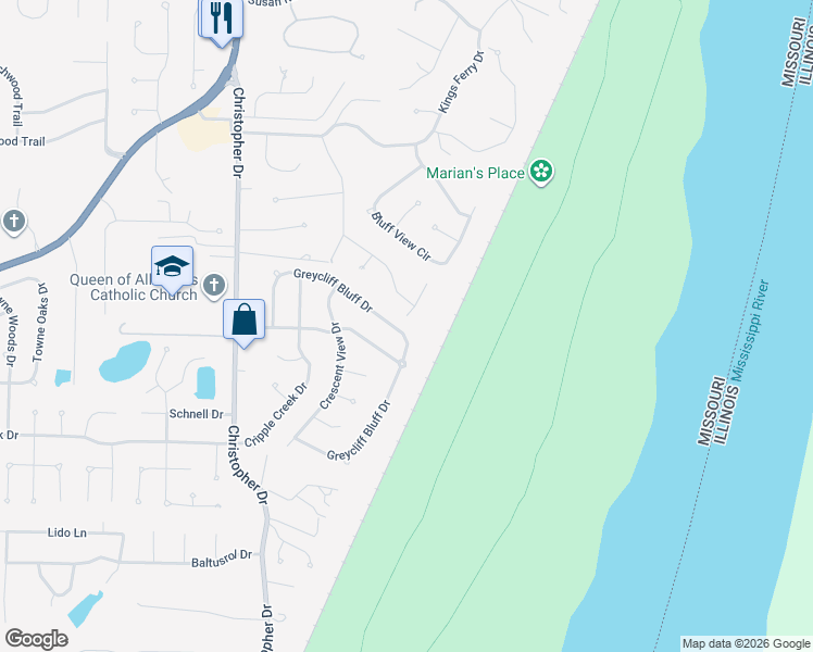 map of restaurants, bars, coffee shops, grocery stores, and more near 240 Grimsley Station Bluff Drive in St. Louis