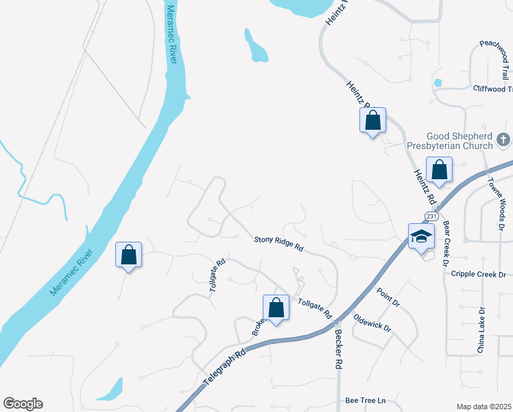 map of restaurants, bars, coffee shops, grocery stores, and more near 2909 Woodbridge Creek Drive in St. Louis
