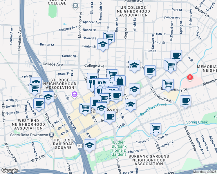 map of restaurants, bars, coffee shops, grocery stores, and more near 713 7th Street in Santa Rosa