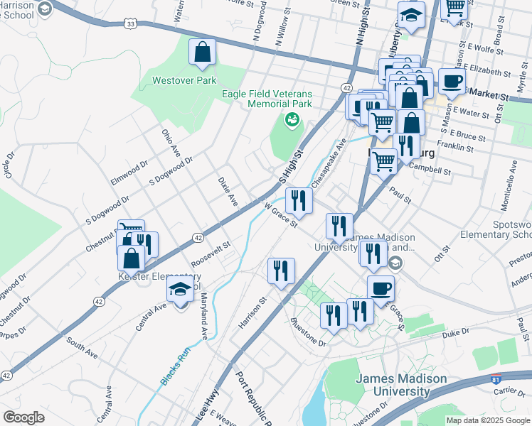 map of restaurants, bars, coffee shops, grocery stores, and more near 131 West Grace Street in Harrisonburg