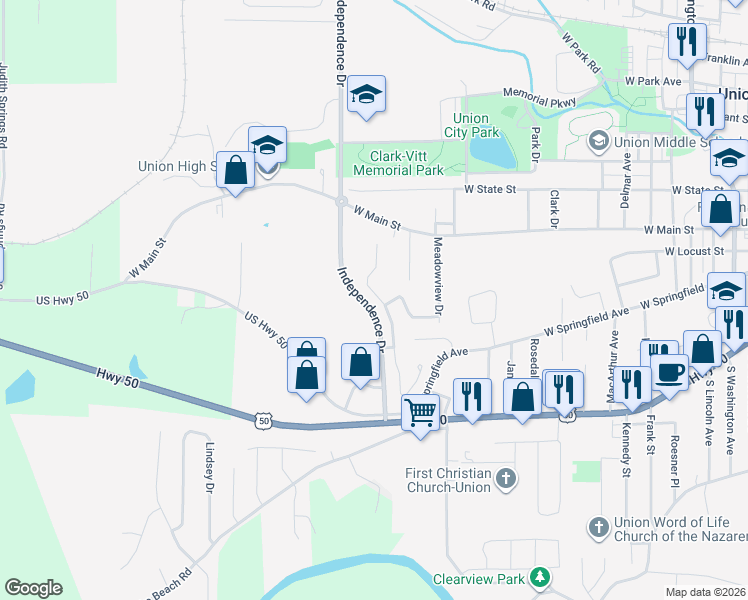 map of restaurants, bars, coffee shops, grocery stores, and more near 103 Grand Central Drive in Union