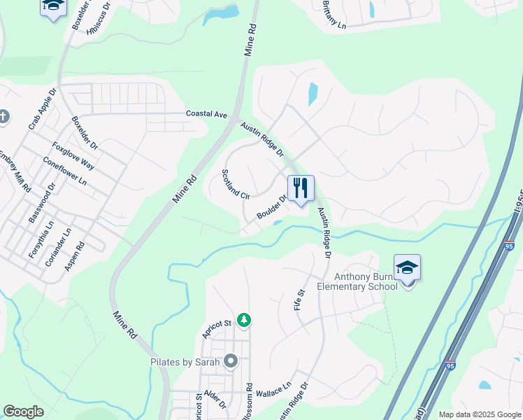 map of restaurants, bars, coffee shops, grocery stores, and more near 20 Boulder Drive in Stafford
