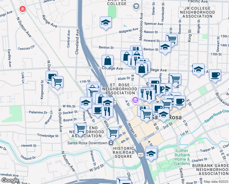 map of restaurants, bars, coffee shops, grocery stores, and more near 823 Washington Street in Santa Rosa