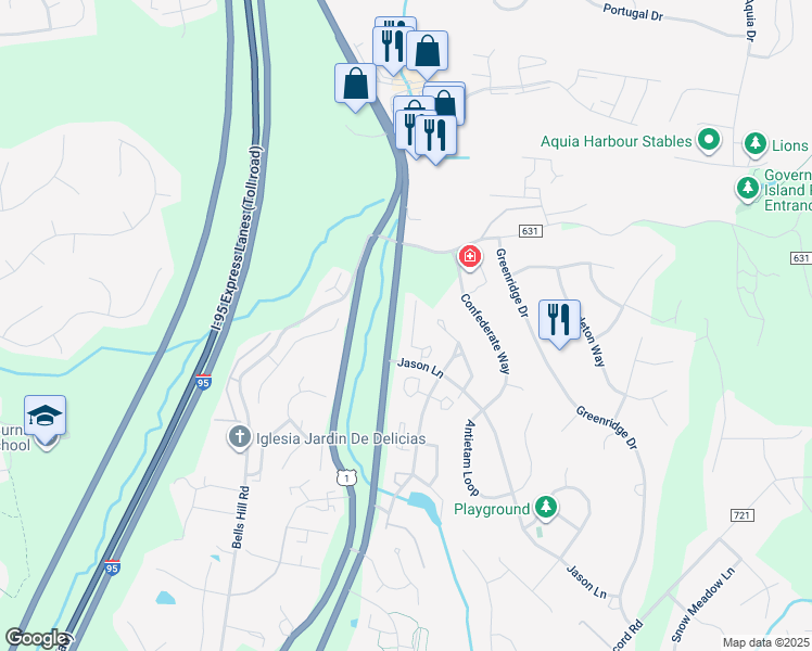 map of restaurants, bars, coffee shops, grocery stores, and more near 609 Sedgwick Court in Stafford