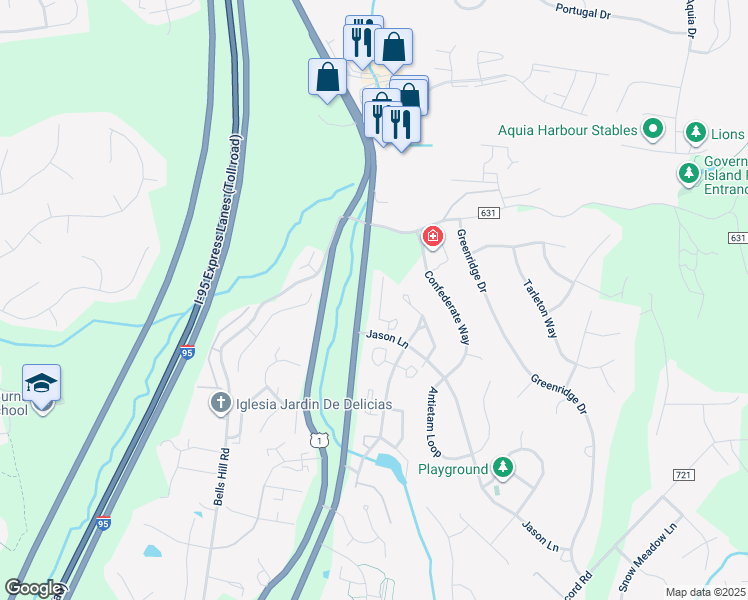 map of restaurants, bars, coffee shops, grocery stores, and more near 609 Sedgwick Court in Stafford