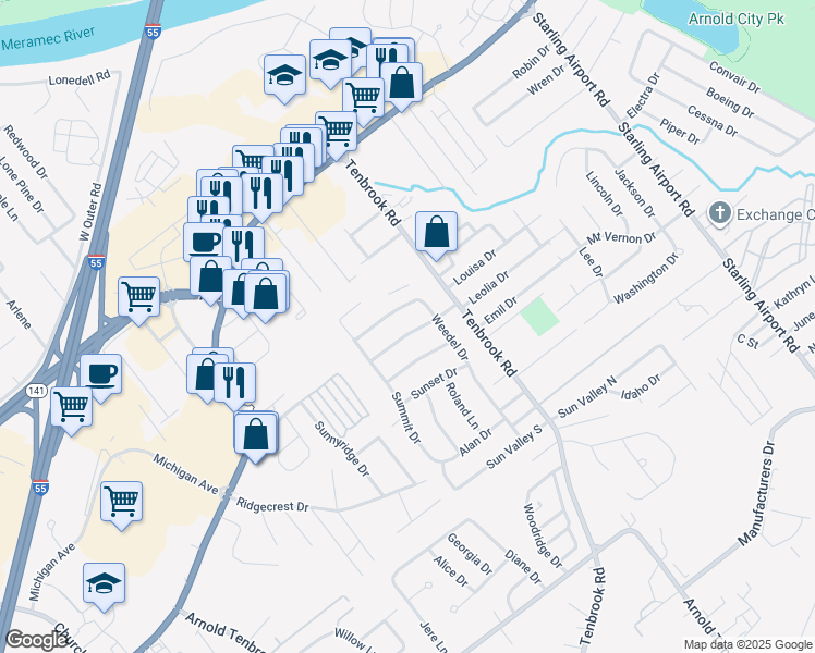 map of restaurants, bars, coffee shops, grocery stores, and more near 851 Hyde Park Drive in Arnold