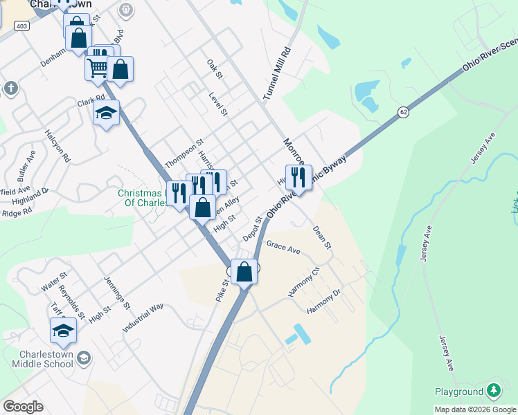 map of restaurants, bars, coffee shops, grocery stores, and more near 1155 Indiana 62 in Charlestown