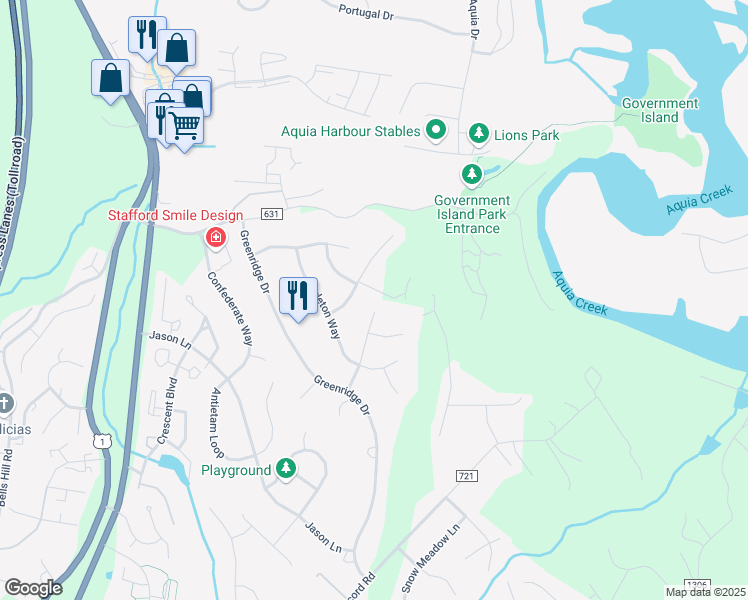 map of restaurants, bars, coffee shops, grocery stores, and more near 21 Drake Street in Stafford