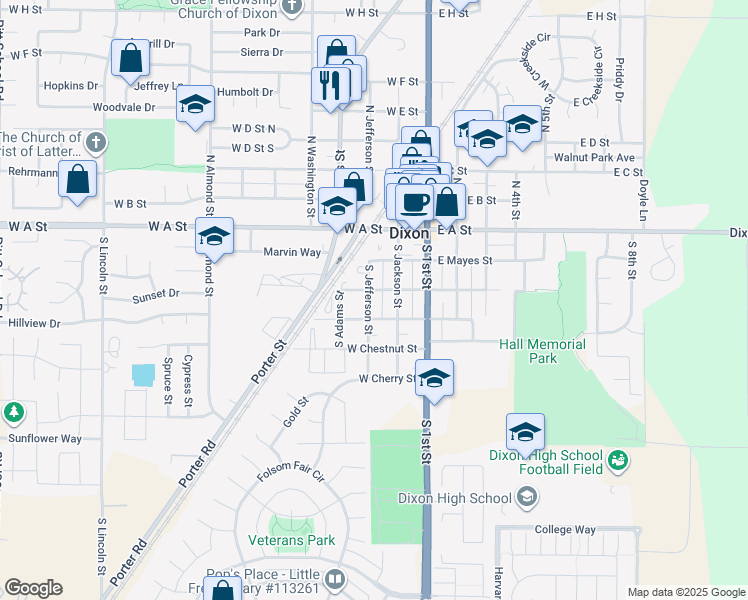 map of restaurants, bars, coffee shops, grocery stores, and more near 321 West Broadway Street in Dixon