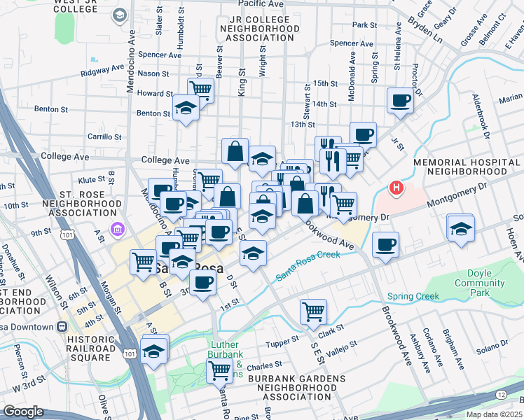 map of restaurants, bars, coffee shops, grocery stores, and more near 844 5th Street in Santa Rosa