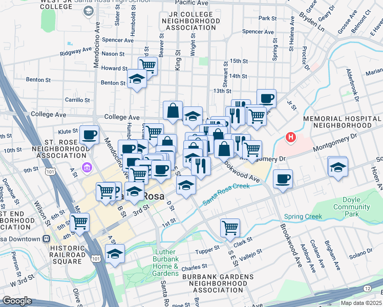 map of restaurants, bars, coffee shops, grocery stores, and more near 844 5th Street in Santa Rosa