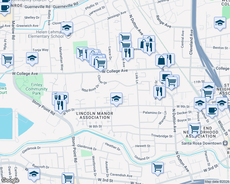 map of restaurants, bars, coffee shops, grocery stores, and more near 720 Blossom Way in Santa Rosa