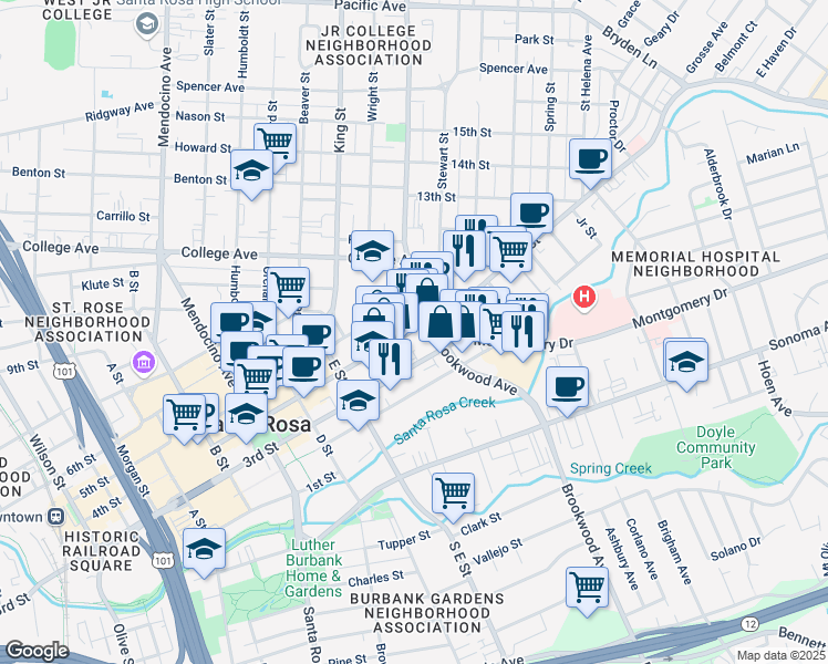 map of restaurants, bars, coffee shops, grocery stores, and more near 888 4th Street in Santa Rosa