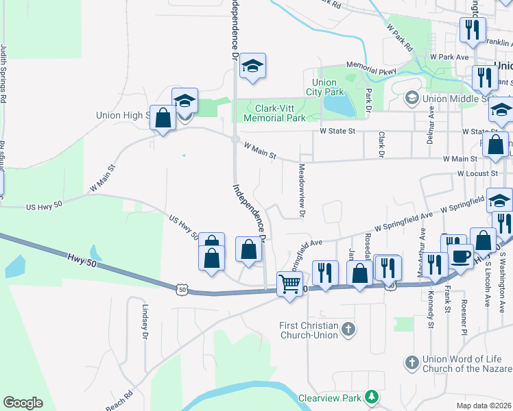 map of restaurants, bars, coffee shops, grocery stores, and more near 103 Grand Central Drive in Union