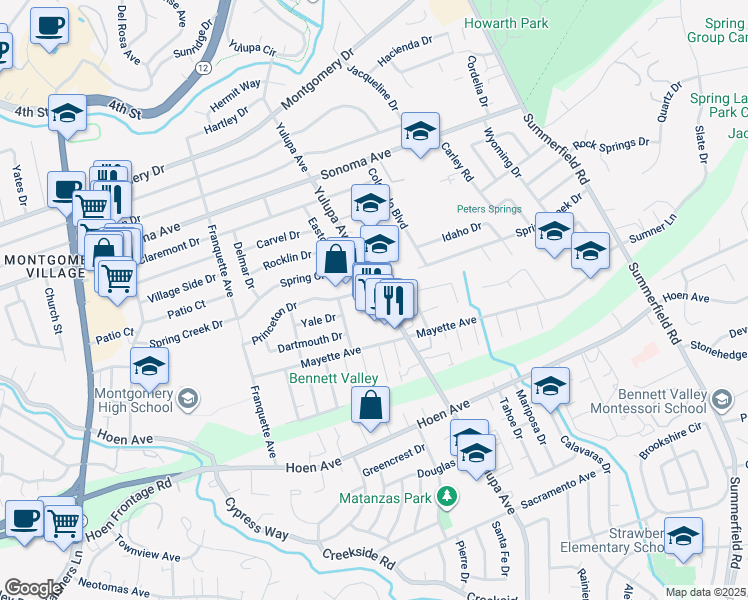 map of restaurants, bars, coffee shops, grocery stores, and more near 3911 Princeton Drive in Santa Rosa