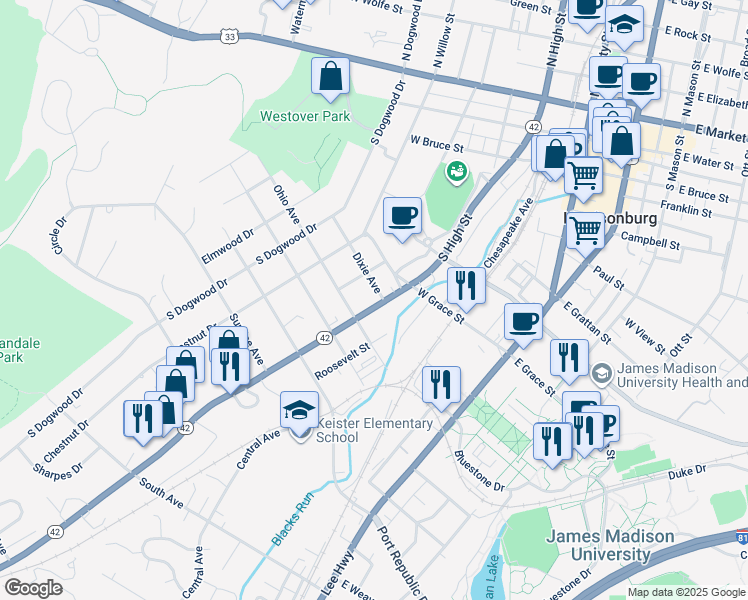 map of restaurants, bars, coffee shops, grocery stores, and more near 501 South High Street in Harrisonburg