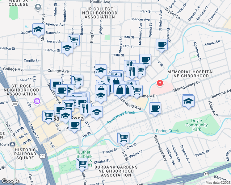map of restaurants, bars, coffee shops, grocery stores, and more near in Santa Rosa