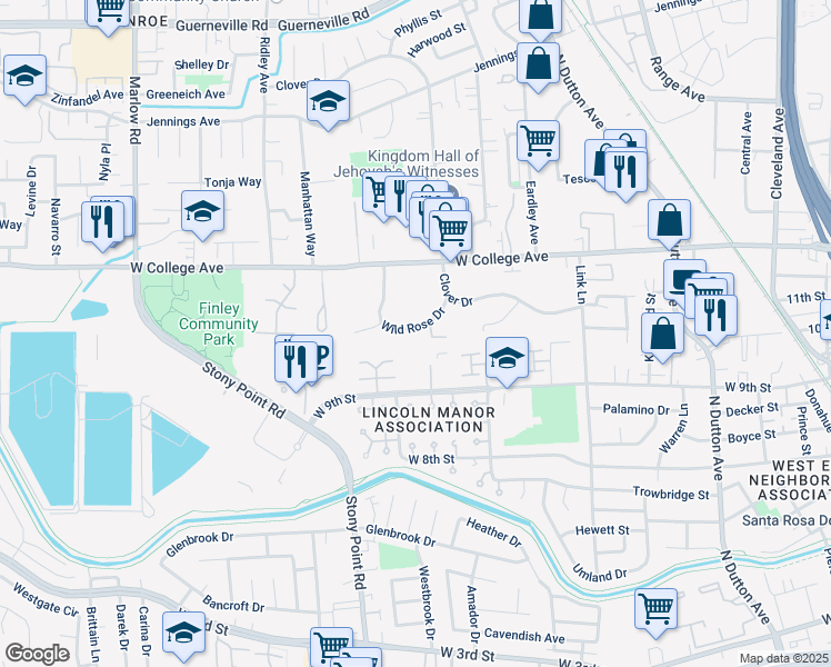 map of restaurants, bars, coffee shops, grocery stores, and more near 1056 Wild Rose Drive in Santa Rosa