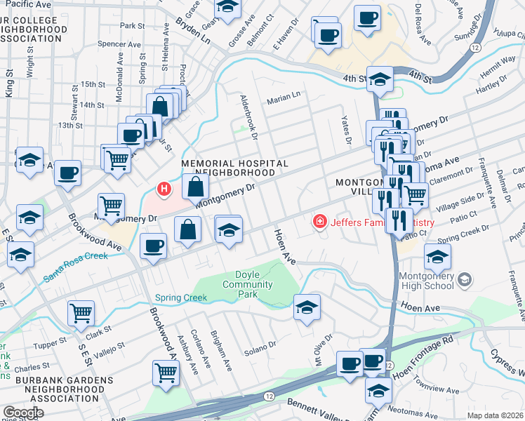 map of restaurants, bars, coffee shops, grocery stores, and more near 555 Rosedale Avenue in Santa Rosa