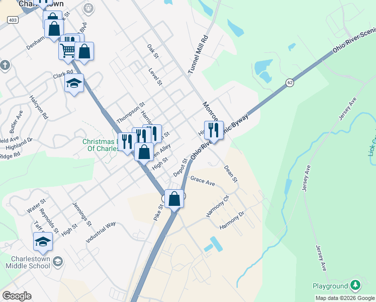 map of restaurants, bars, coffee shops, grocery stores, and more near 1121 Indiana 62 in Charlestown