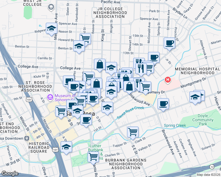 map of restaurants, bars, coffee shops, grocery stores, and more near 840 5th Street in Santa Rosa