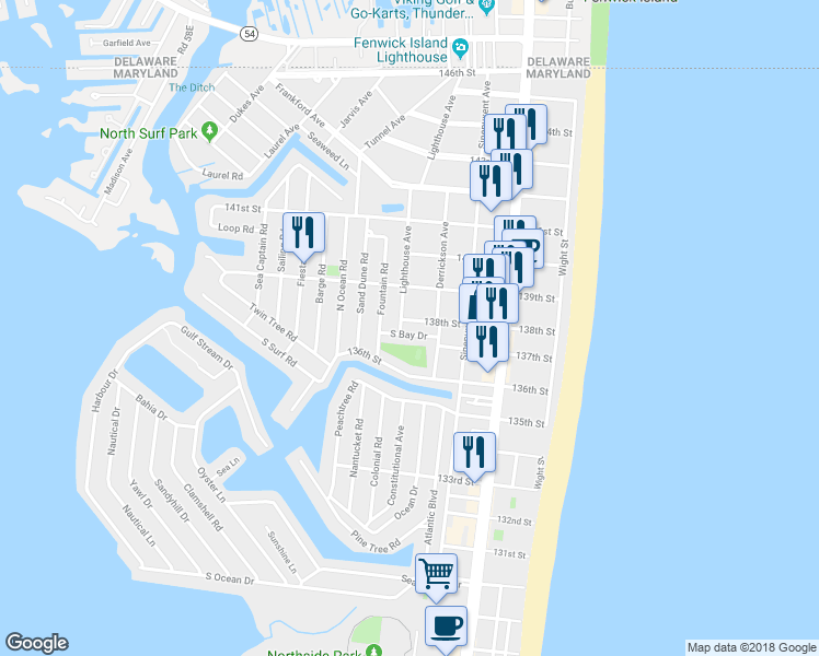 map of restaurants, bars, coffee shops, grocery stores, and more near 311 138th Street in Ocean City