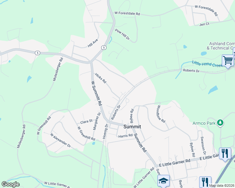 map of restaurants, bars, coffee shops, grocery stores, and more near 5600-5698 Hicks Rd in Ashland