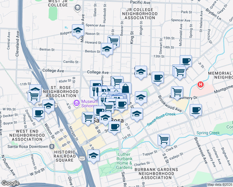 map of restaurants, bars, coffee shops, grocery stores, and more near 810 7th Street in Santa Rosa