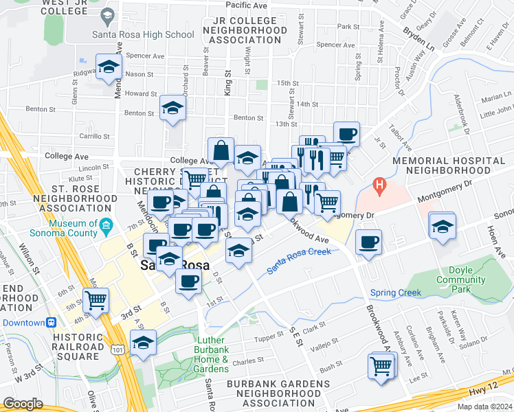 map of restaurants, bars, coffee shops, grocery stores, and more near 844 5th Street in Santa Rosa