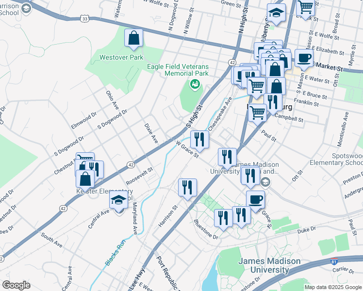 map of restaurants, bars, coffee shops, grocery stores, and more near 131 West Grace Street in Harrisonburg