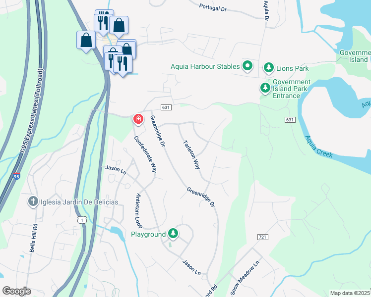map of restaurants, bars, coffee shops, grocery stores, and more near 32 Tarleton Way in Stafford