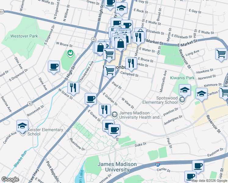 map of restaurants, bars, coffee shops, grocery stores, and more near 510 South Federal Street in Harrisonburg